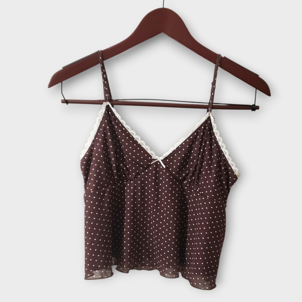 Rebellious Dreamer Brown Polka‎ Dot Lace Trim Crop Cami Top Large Y2K
